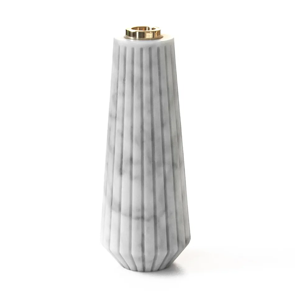 Portacandele in Marmo Bianco di Carrara a Righe e Ottone Made in Italy - Amenia Viadurini