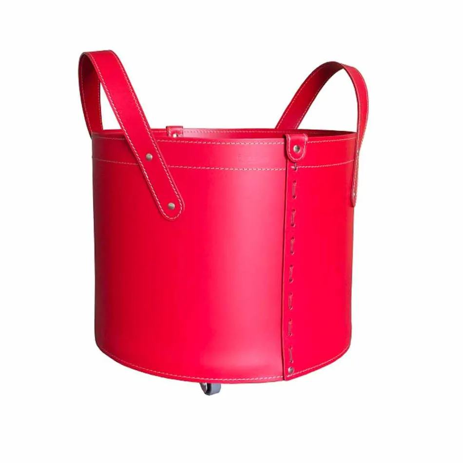 Portalegna cilindrico in cuoio rigenerato con ruote Tonda Firestyle Viadurini