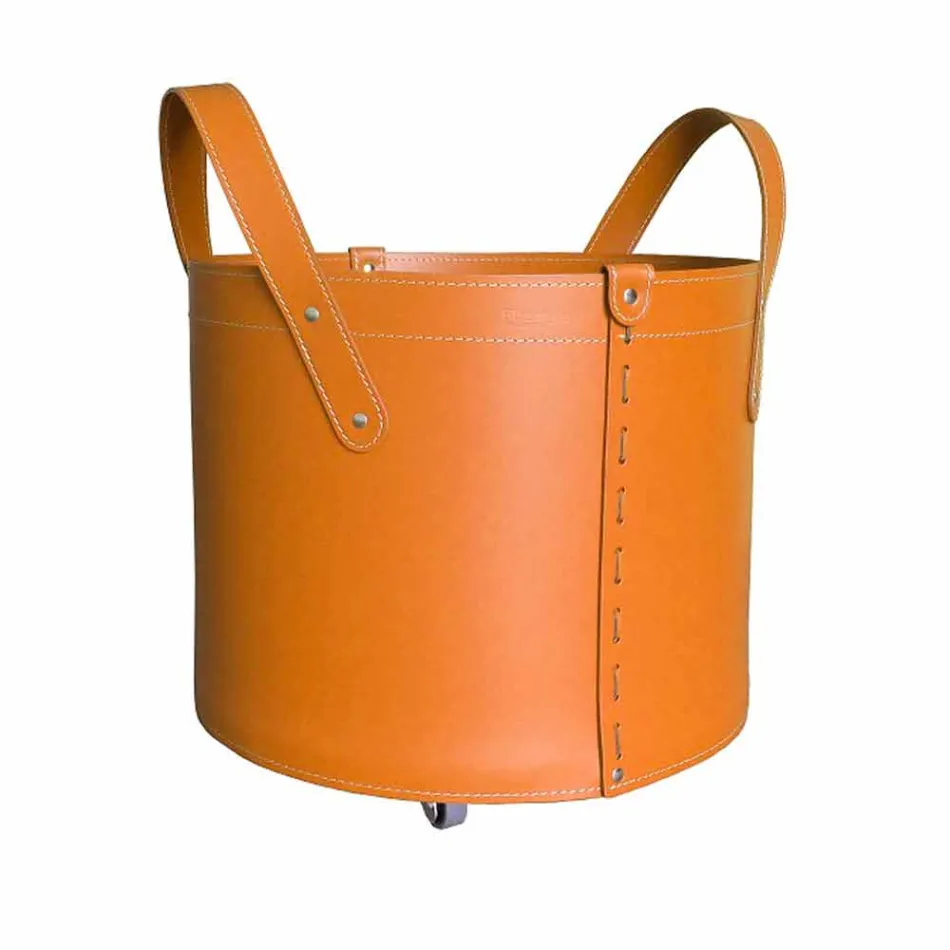 Portalegna cilindrico in cuoio rigenerato con ruote Tonda Firestyle Viadurini
