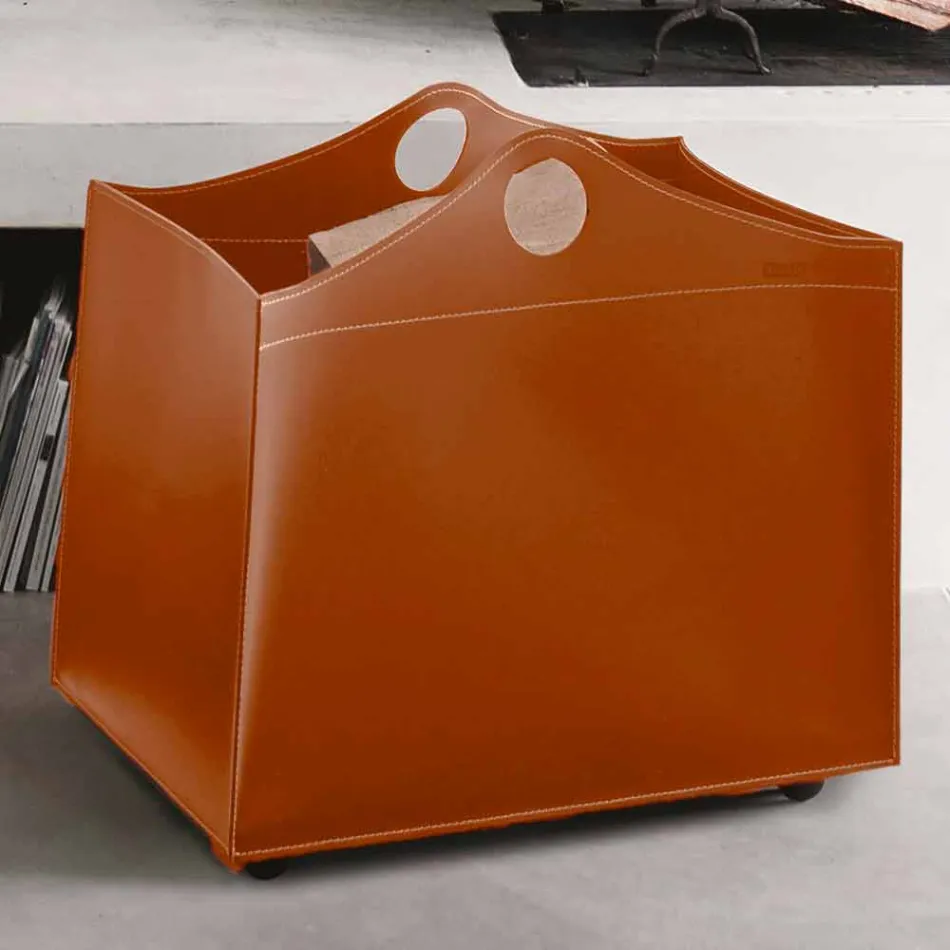 Portalegna in cuoio rigenerato con ruote WoodBag made in Italy Viadurini