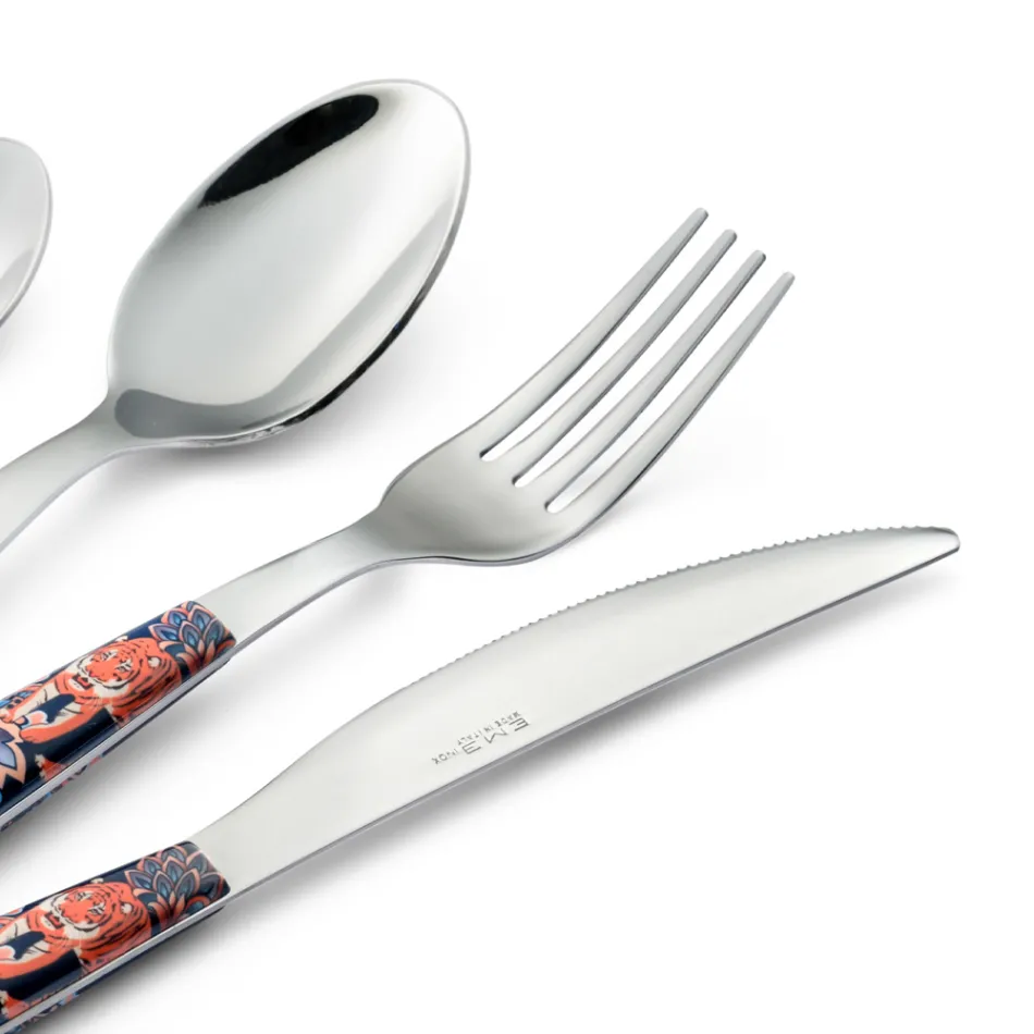 Posate in Acciaio e Plastica Decoro Colorato con Tigre 24 Pz - Alessandra Viadurini