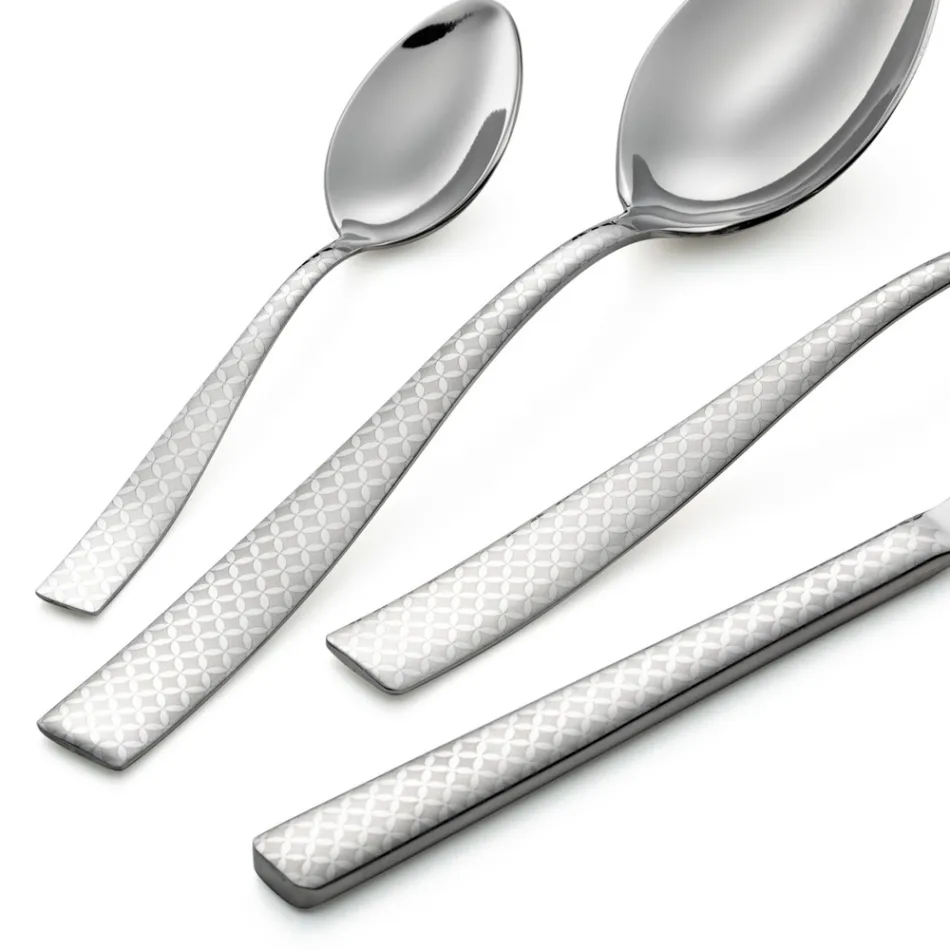 Posate in Acciaio Inox Lucido con Decoro Geometrico a Laser 24 Pz - Rupeo Viadurini