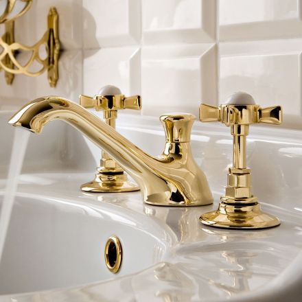 Rubinetteria Lavabo in Ottone a 3 Fori, Stile Vintage, Made in Italy – Katerina Viadurini
