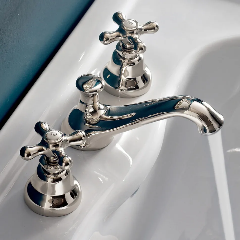 Rubinetto 3 Fori da Lavabo Bagno in Ottone con Scarico Stile Classico - Ercolina Viadurini