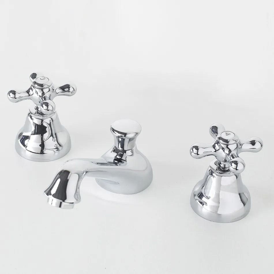 Rubinetto 3 Fori da Lavabo Bagno in Ottone con Scarico Stile Classico - Ercolina Viadurini
