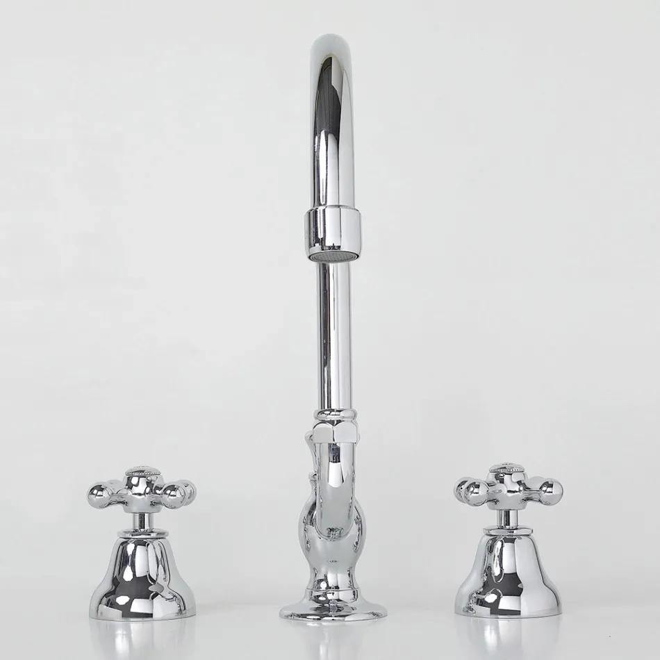 Rubinetto Lavabo Bagno 3 Fori in Ottone Bocca Alta con Scarico - Ercolina Viadurini