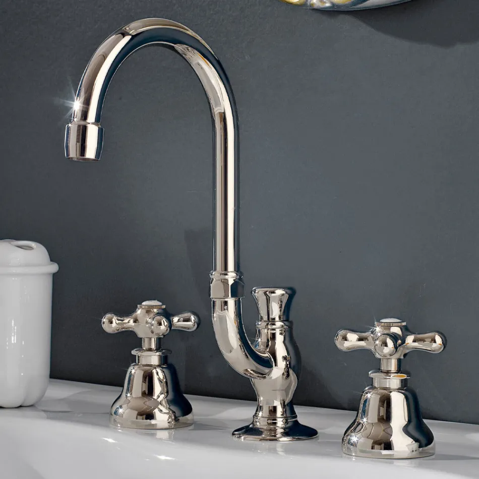 Rubinetto Lavabo Bagno 3 Fori in Ottone Bocca Alta con Scarico - Ercolina Viadurini