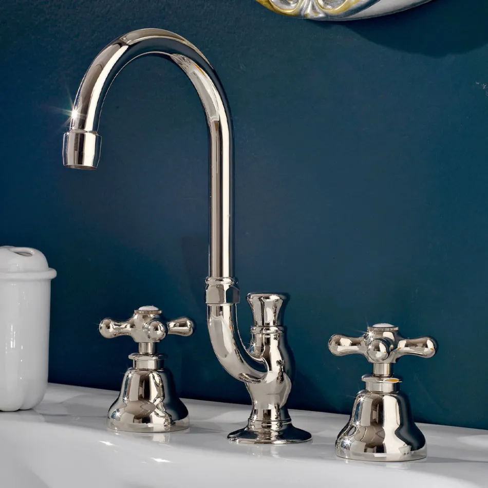 Rubinetto Lavabo Bagno 3 Fori in Ottone Bocca Alta con Scarico - Ercolina Viadurini