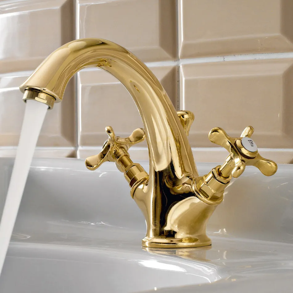 Rubinetto Monoforo per Lavabo in Ottone Maniglie a Farfalla Classico - Fioretta Viadurini