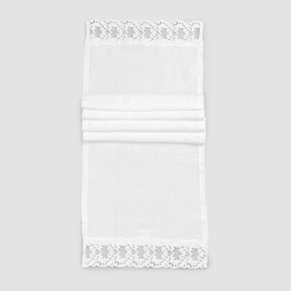 Runner in Lino con Pizzo Bianco da Tavolo Qualità di Lusso Italiana - Farnese Viadurini