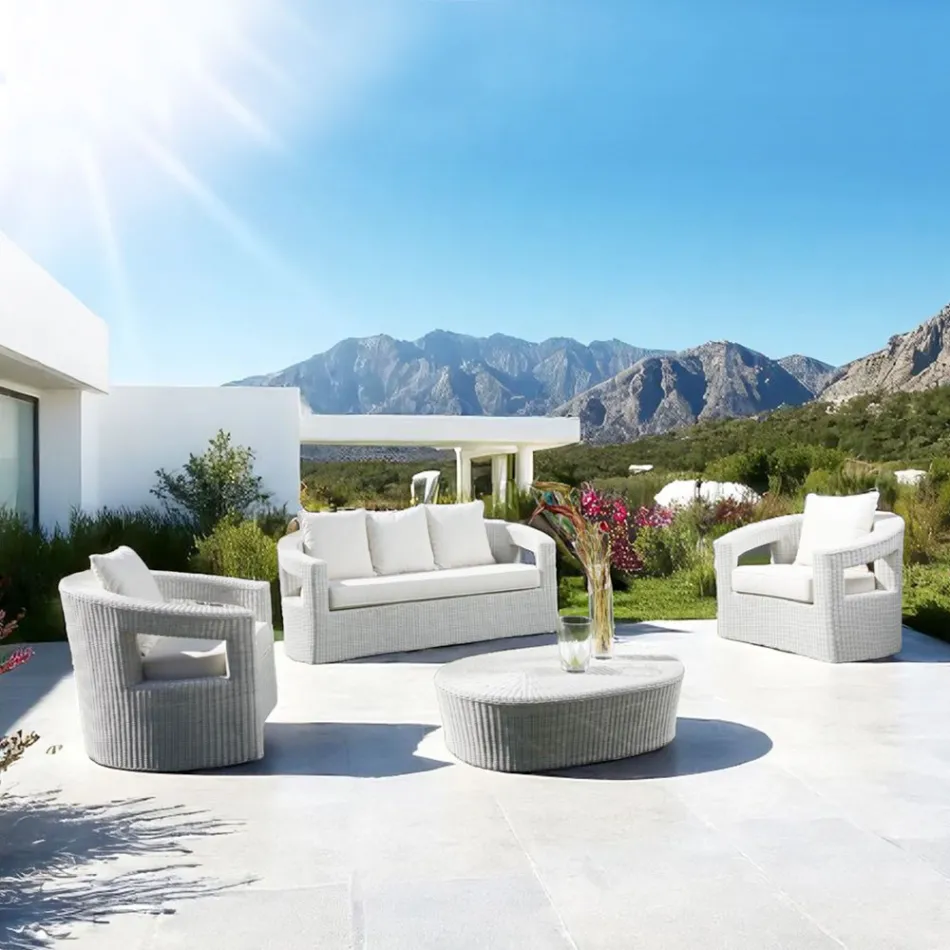Salotto da Esterno in Polyrattan Marca REHAU e Cuscini Bianchi - Charmix Viadurini