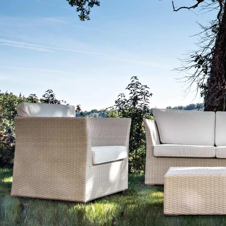 Salotto da Giardino in Polyrattan Marca REHAU e Cuscini Bianchi - Pepe Viadurini