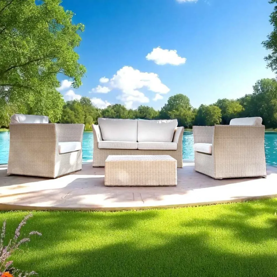 Salotto da Giardino in Polyrattan Marca REHAU e Cuscini Bianchi - Pepe Viadurini
