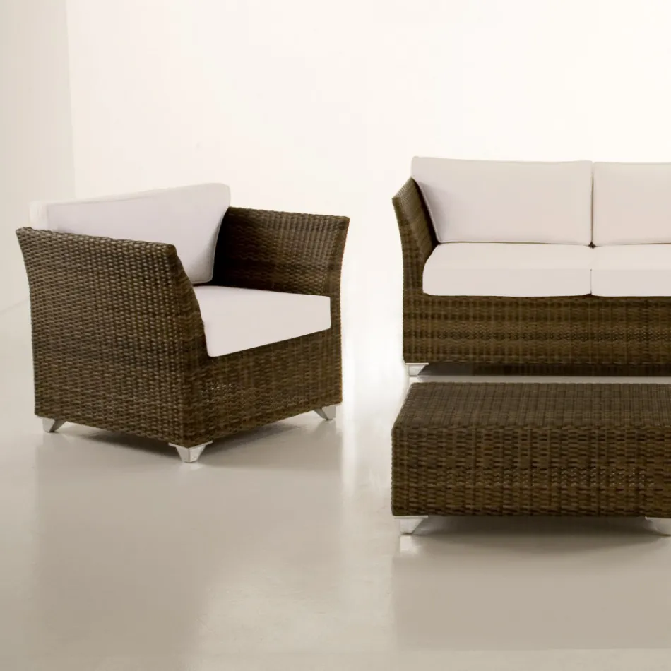 Salotto da Giardino in Polyrattan Marca REHAU e Cuscini Bianchi - Pepe Viadurini