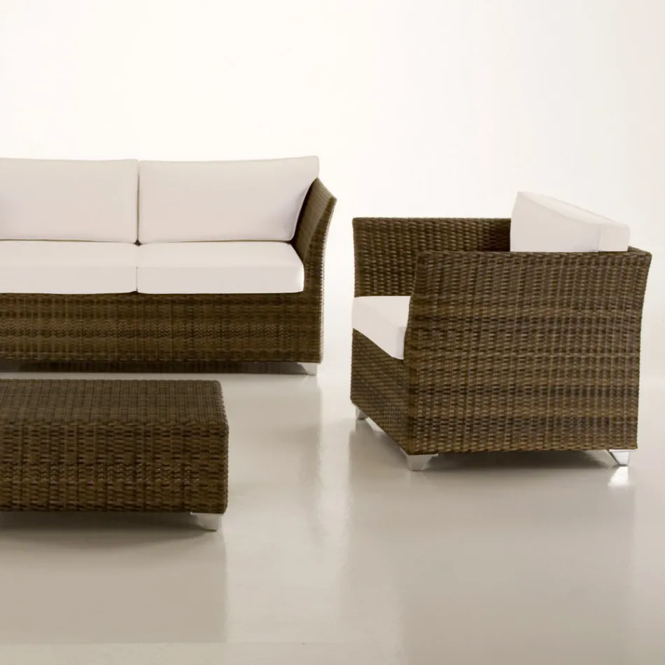 Salotto da Giardino in Polyrattan Marca REHAU e Cuscini Bianchi - Pepe Viadurini