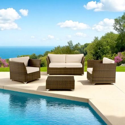 Salotto da Giardino in Polyrattan Marca REHAU e Cuscini Bianchi - Pepe Viadurini
