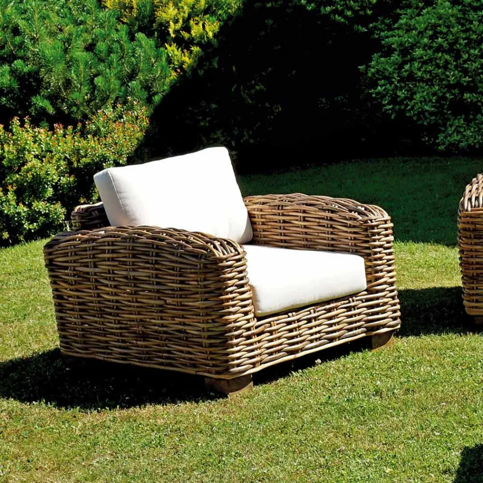 Salotto da Giardino in Rattan con Tavolino in Legno e Cuscini - Hugues Viadurini