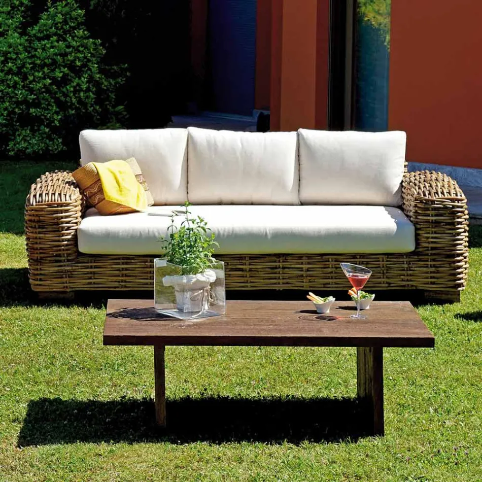 Salotto da Giardino in Rattan con Tavolino in Legno e Cuscini - Hugues Viadurini