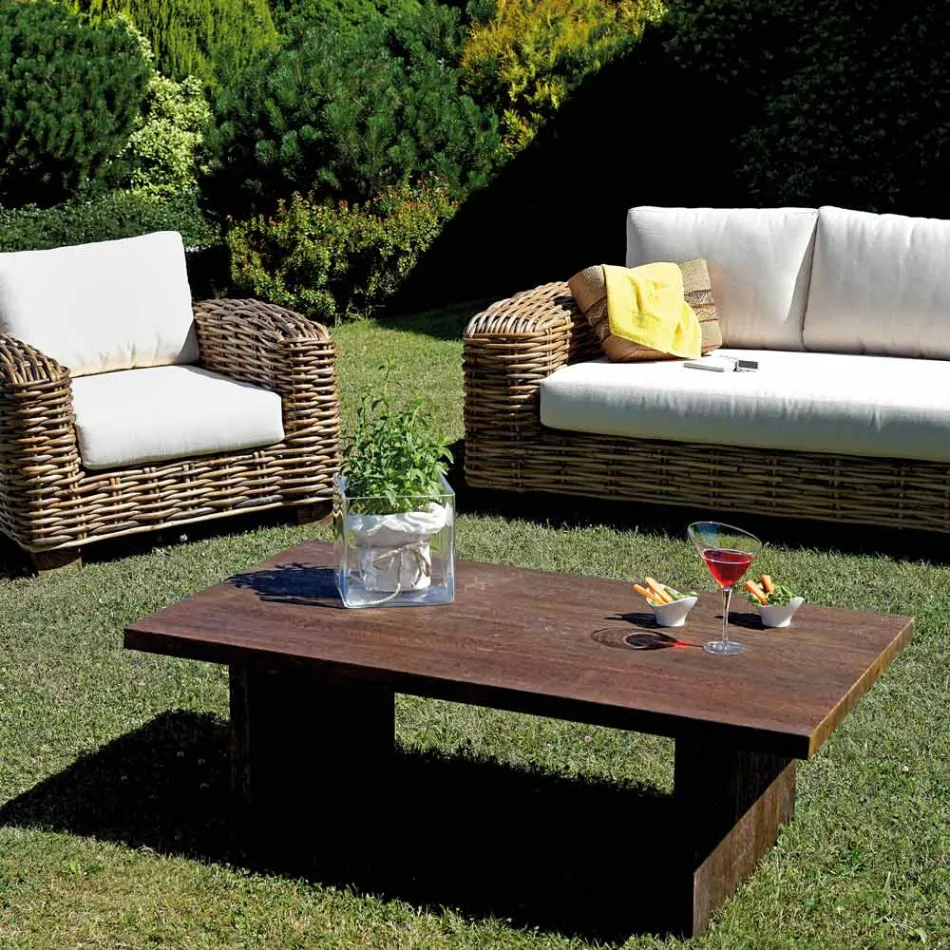 Salotto da Giardino in Rattan con Tavolino in Legno e Cuscini - Hugues Viadurini