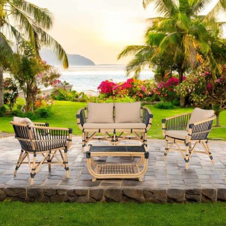 Salotto da Giardino in Rattan Naturale con Cuscini Inclusi – Catelyn Viadurini