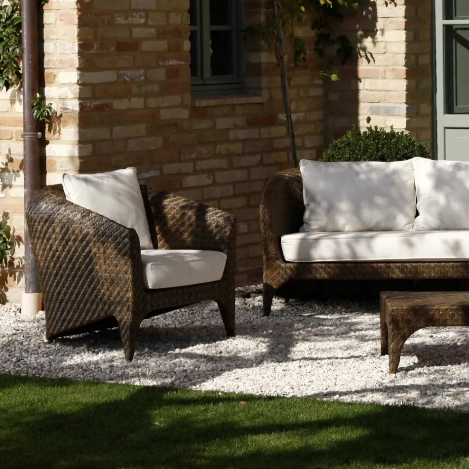 Salotto in Polyrattan Marca REHAU di Diverse Finiture e Cuscini Bianchi - Pazzia Viadurini