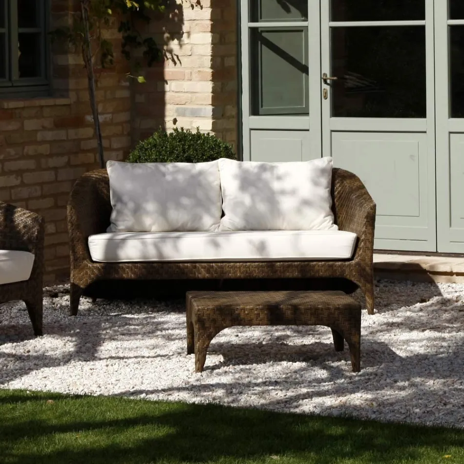 Salotto in Polyrattan Marca REHAU di Diverse Finiture e Cuscini Bianchi - Pazzia Viadurini