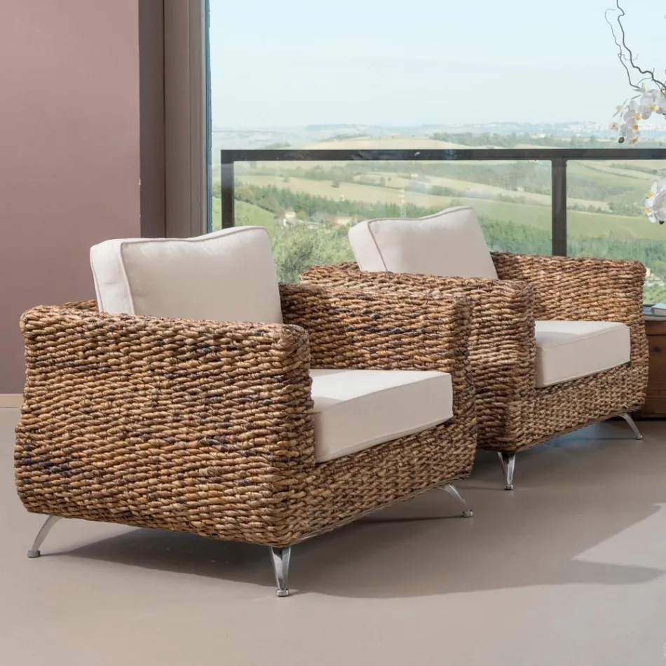 Salotto Outdoor in Intreccio di Banano con Cuscini – Legolas Viadurini