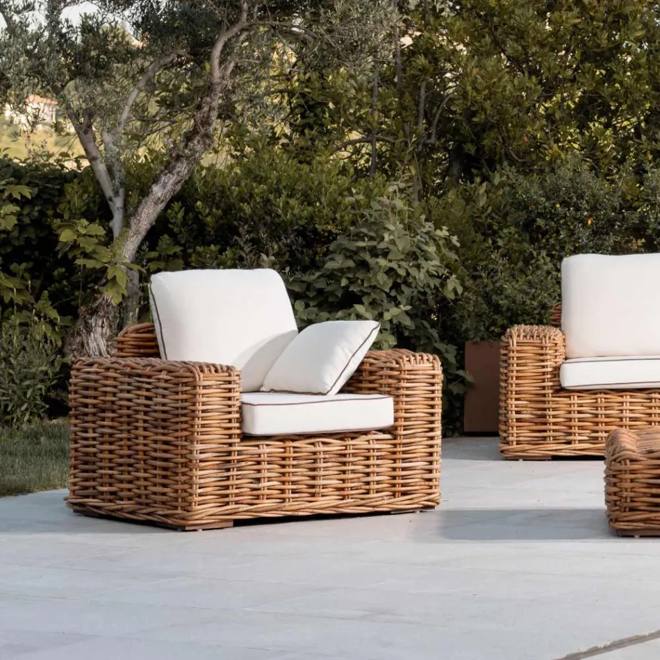 Salotto Outdoor in Rattan Naturale, Cuscini Inclusi, – Keira Viadurini