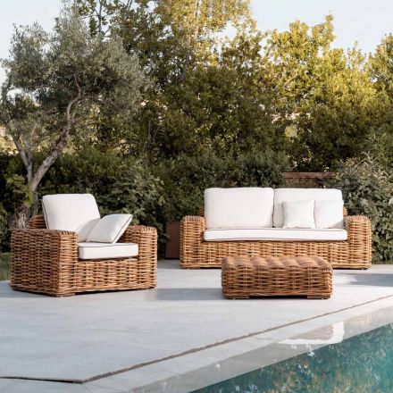 Salotto Outdoor in Rattan Naturale, Cuscini Inclusi, – Keira Viadurini