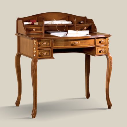 Scrivania 7 Cassetti Legno di Noce con Intarsi Made in Italy - Katerine Viadurini