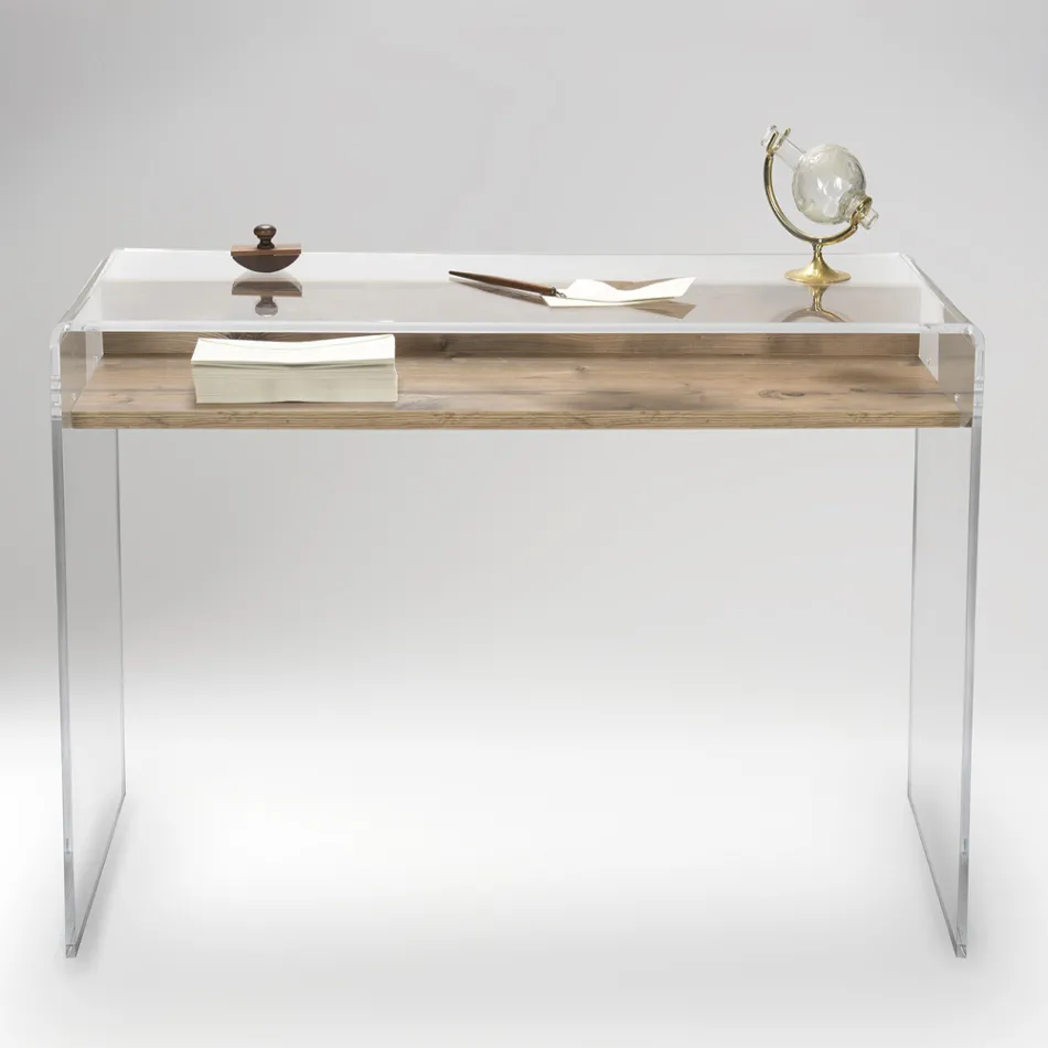 Scrivania in Plexiglass Trasparente con Ripiano in Legno di Design - Carducci Viadurini
