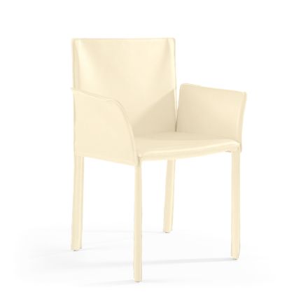 Sedia con Braccioli Rivestita in Cuoio Avorio Made in Italy - Conchiglia Viadurini