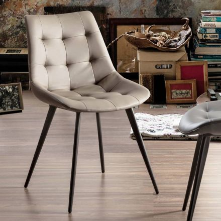 Sedia Imbottita per Sala da Pranzo in Ecopelle con Gambe Nere, 2 Pezzi - Edda Viadurini