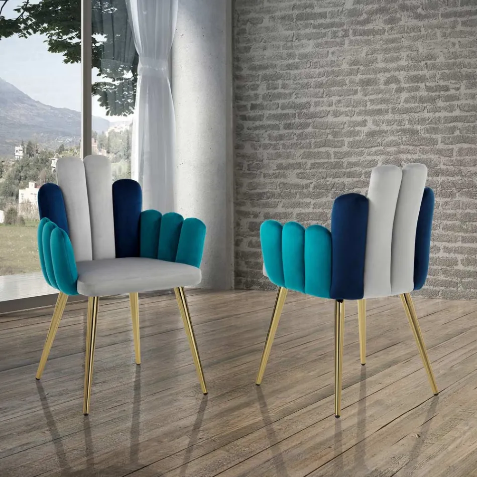 Sedia In Tessuto Effetto Velluto Grigio, Verde e Blu - Anguria Viadurini