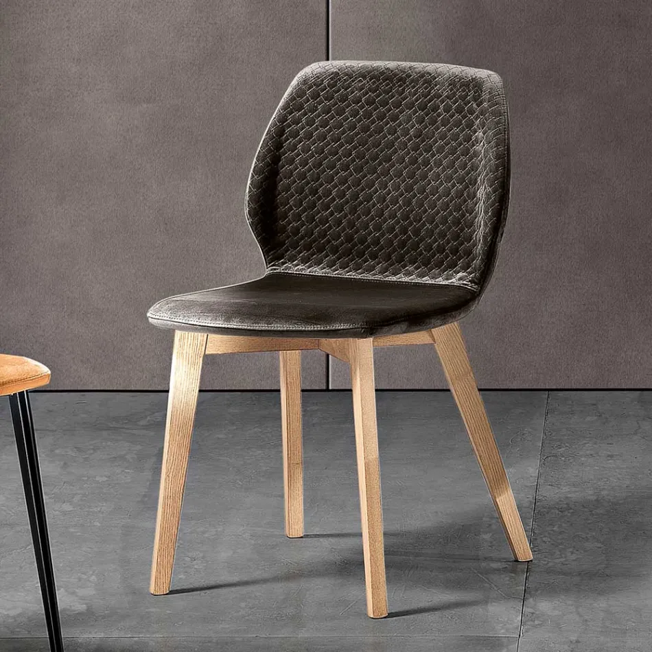 Sedia Moderna di Design Elegante in Velluto Trapuntato e Legno - Scarat Viadurini
