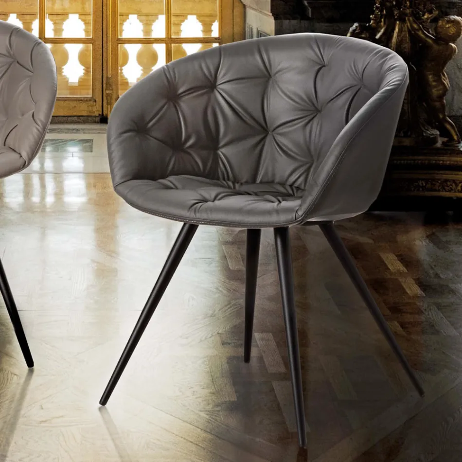 Sedia per Sala da Pranzo in Ecopelle con Gambe in Metallo Verniciato Nero - Ezio Viadurini