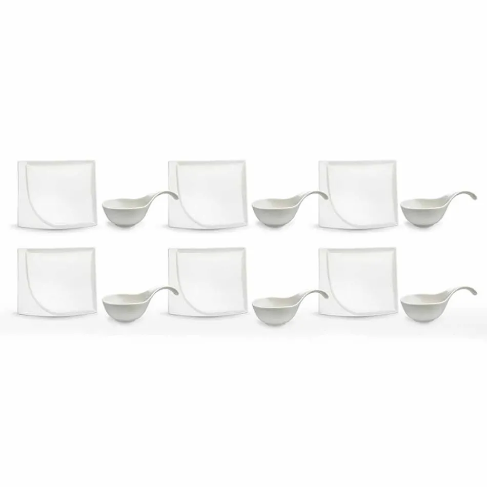 Servizio Aperitivo 12 Pezzi Piatti Design in Porcellana Bianca Moderni - Nalah Viadurini