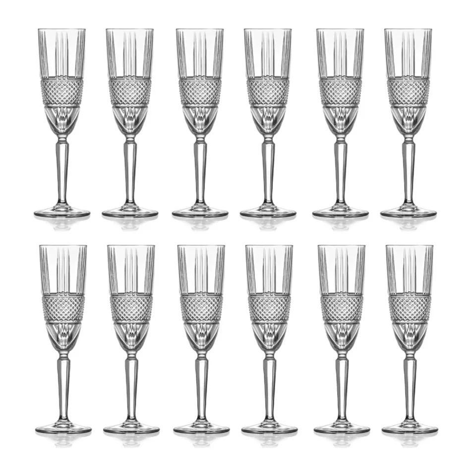 Servizio Calici Flute da Champagne in Eco Cristallo Decoro 12 Pz - Brioso Viadurini