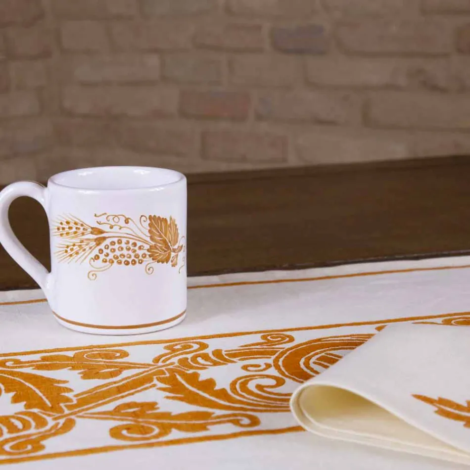 Servizio Colazione Artigianale Italiano Stampa a Mano su Tessuti Antichi -Marchi Viadurini