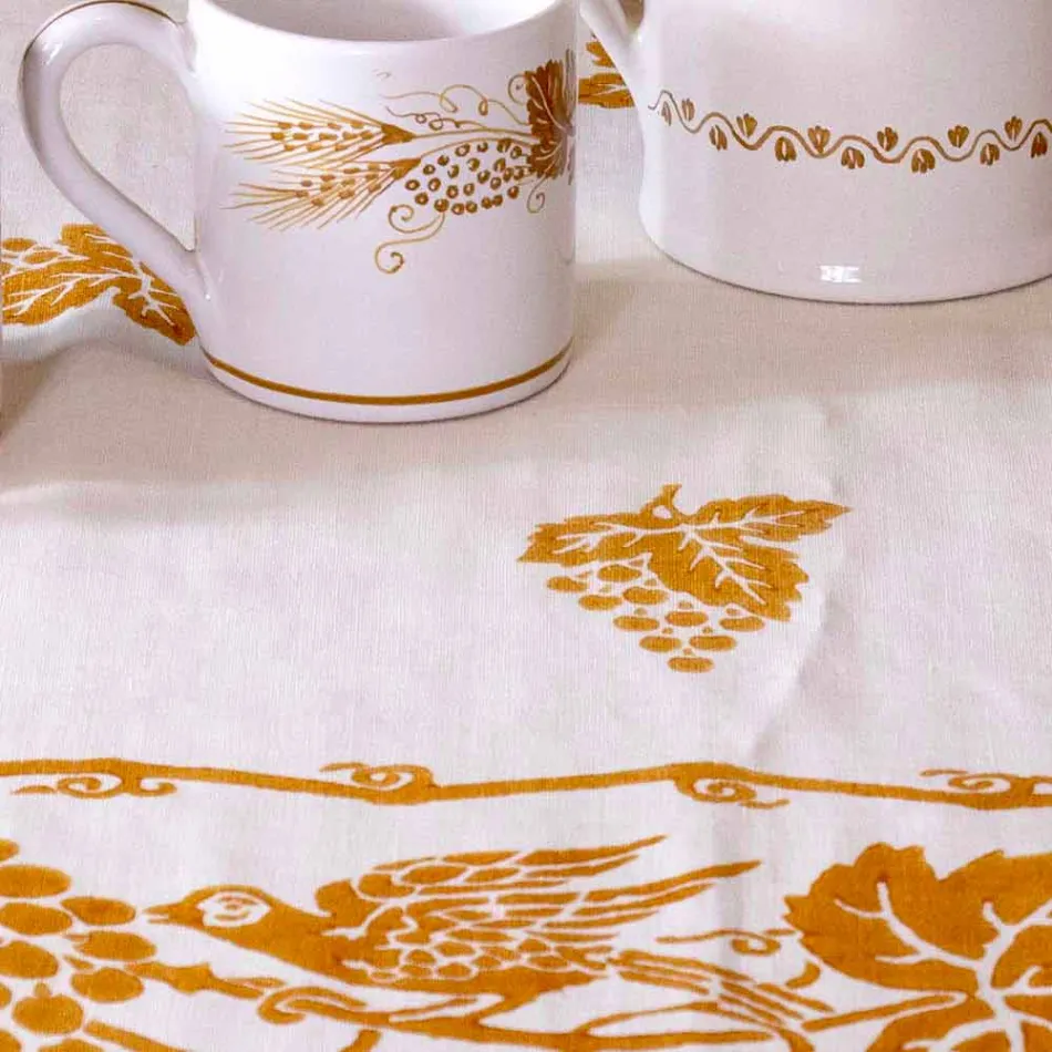 Servizio da Colazione in Lino con Stampa Artigianale a Mano Pezzo Unico - Marchi Viadurini