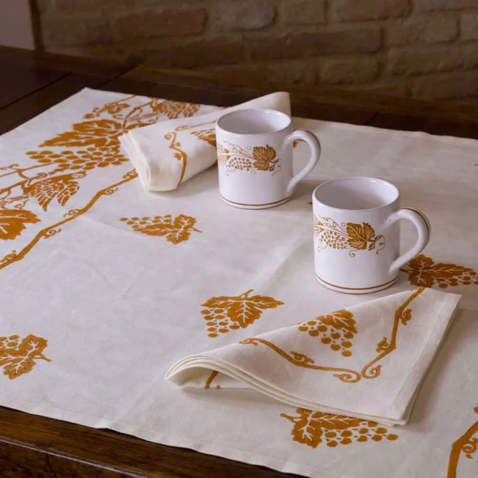 Servizio da Colazione in Lino con Stampa Artigianale a Mano Pezzo Unico - Marchi Viadurini