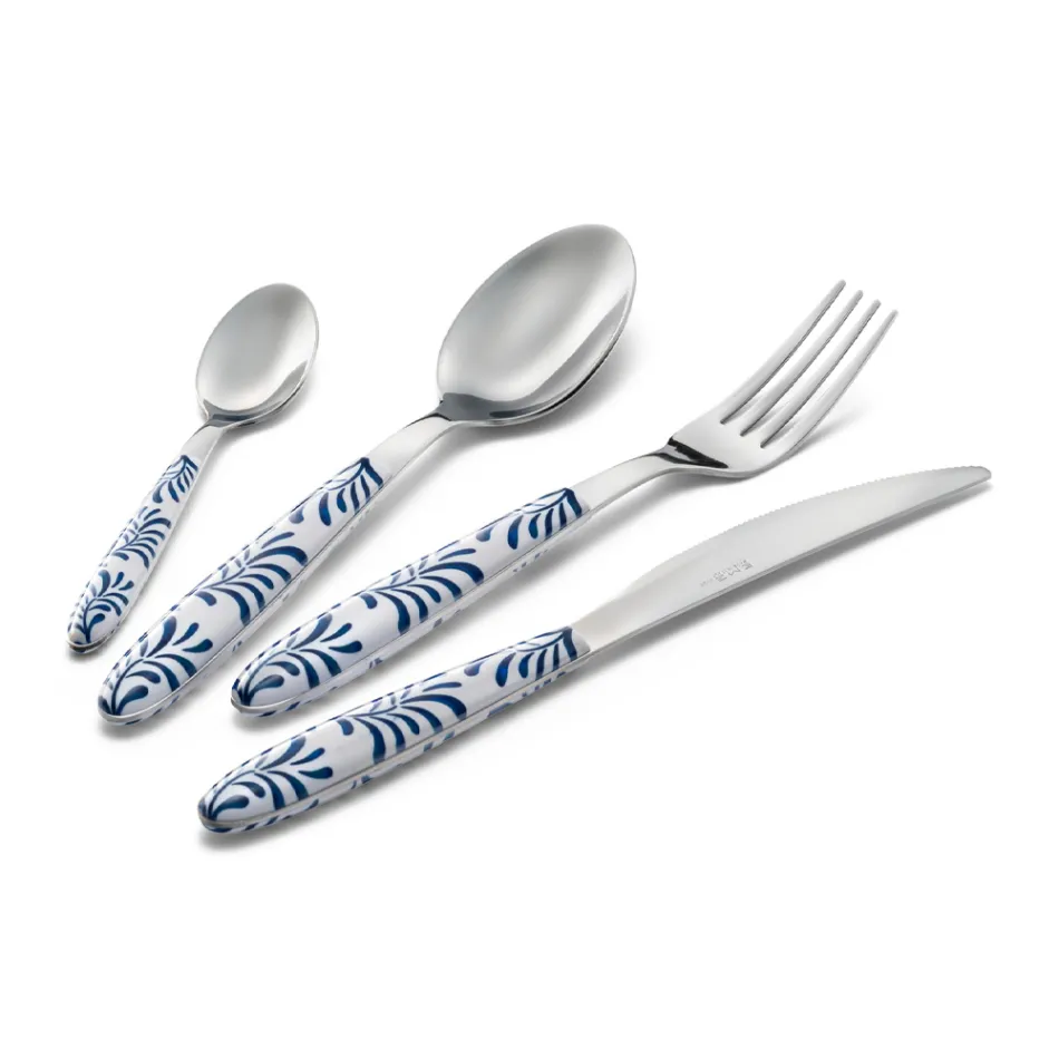 Servizio Posate Acciaio e Plastica Decoro Blu o Bianco 24 Pz - Alessandra Viadurini