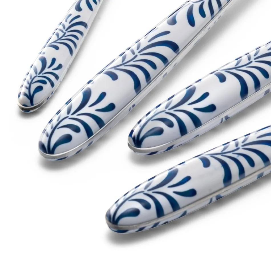 Servizio Posate Acciaio e Plastica Decoro Blu o Bianco 24 Pz - Alessandra Viadurini