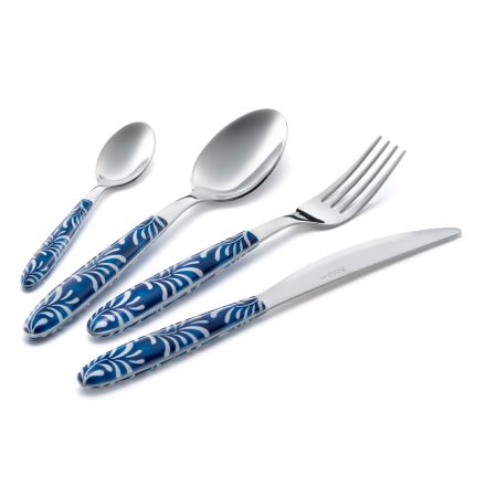 Servizio Posate Acciaio e Plastica Decoro Blu o Bianco 24 Pz - Alessandra Viadurini