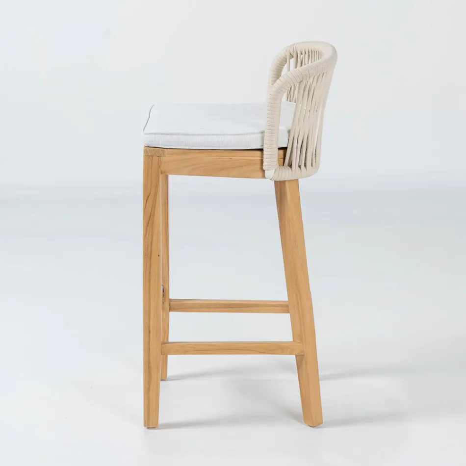 Sgabello Alto da Bar Realizzato in Teak Naturale con Cuscino - Sponda Viadurini