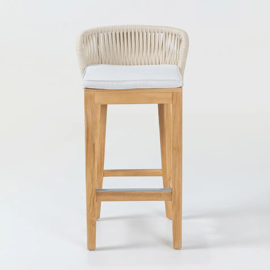Sgabello Alto da Bar Realizzato in Teak Naturale con Cuscino - Sponda Viadurini