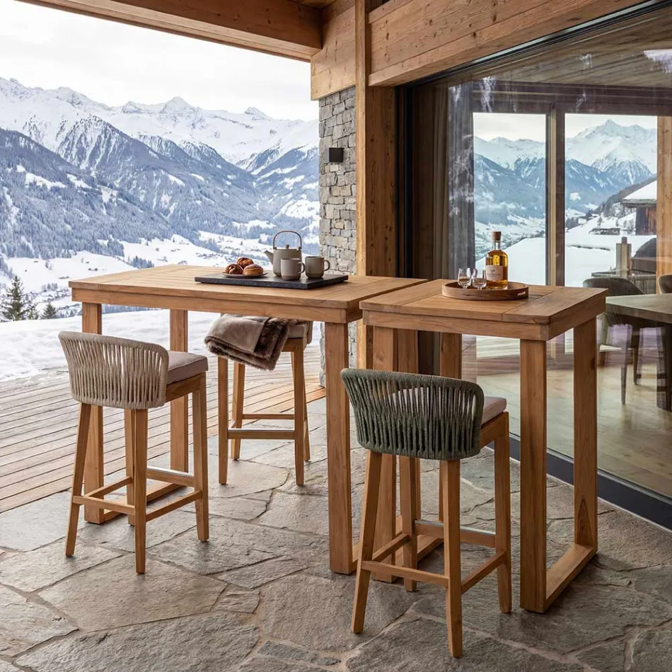 Sgabello Alto da Bar Realizzato in Teak Naturale con Cuscino - Sponda Viadurini