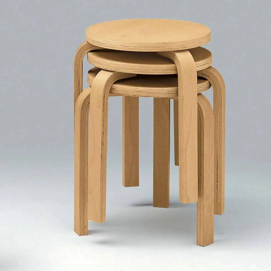Sgabello Basso Impilabile in Legno di Faggio Naturale Made in Italy - Cassiopea Viadurini
