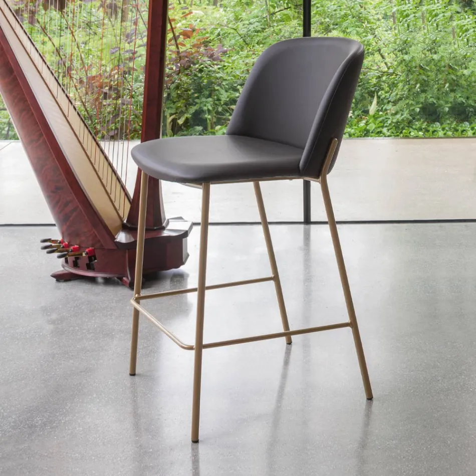 Sgabello con Base in Metallo e Seduta in Ecopelle Made in Italy - Edera Viadurini