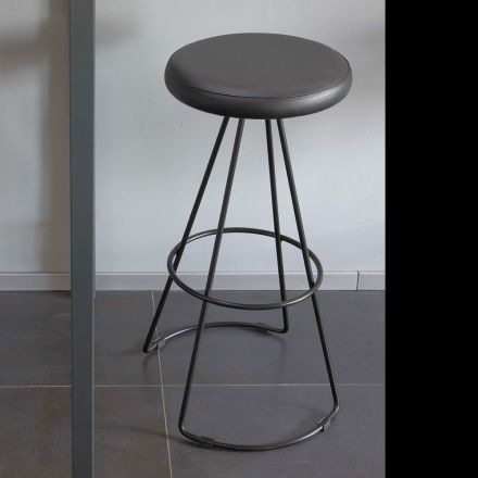 Sgabello con Struttura in Metallo Nero e Seduta in Ecopelle Nera - Miscia Viadurini